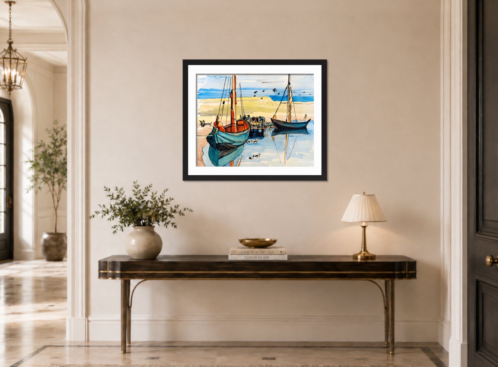 Hermann Max Pechstein Print, Fishing boats (1931) displayed above a console table