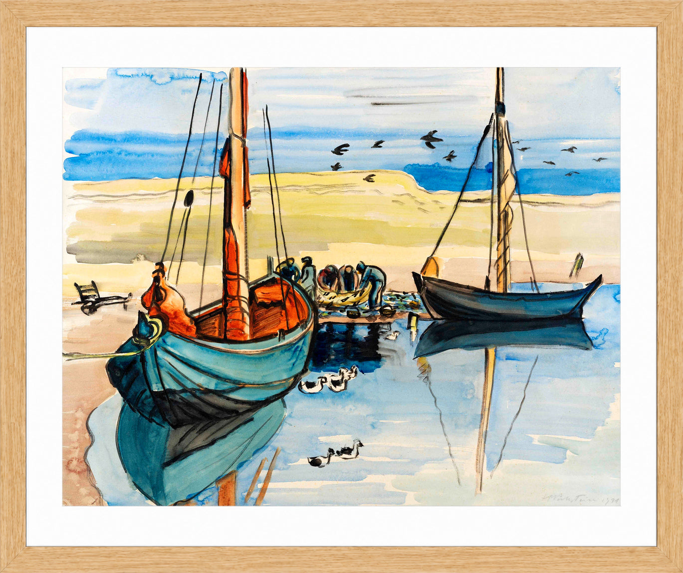 Hermann Max Pechstein Print, Fishing boats (1931) in a light oak frame