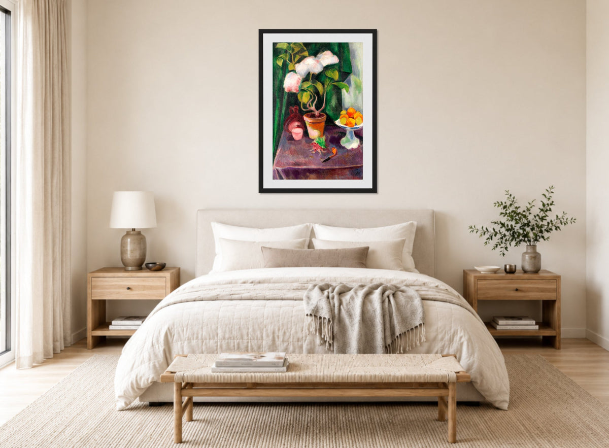 Hermann Max Pechstein Print, Flower Still Life (1913) displayed above a bed