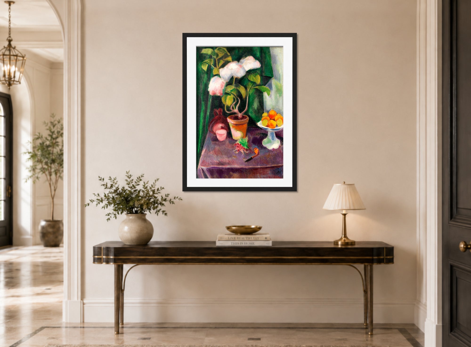 Hermann Max Pechstein Print, Flower Still Life (1913) displayed above a console table