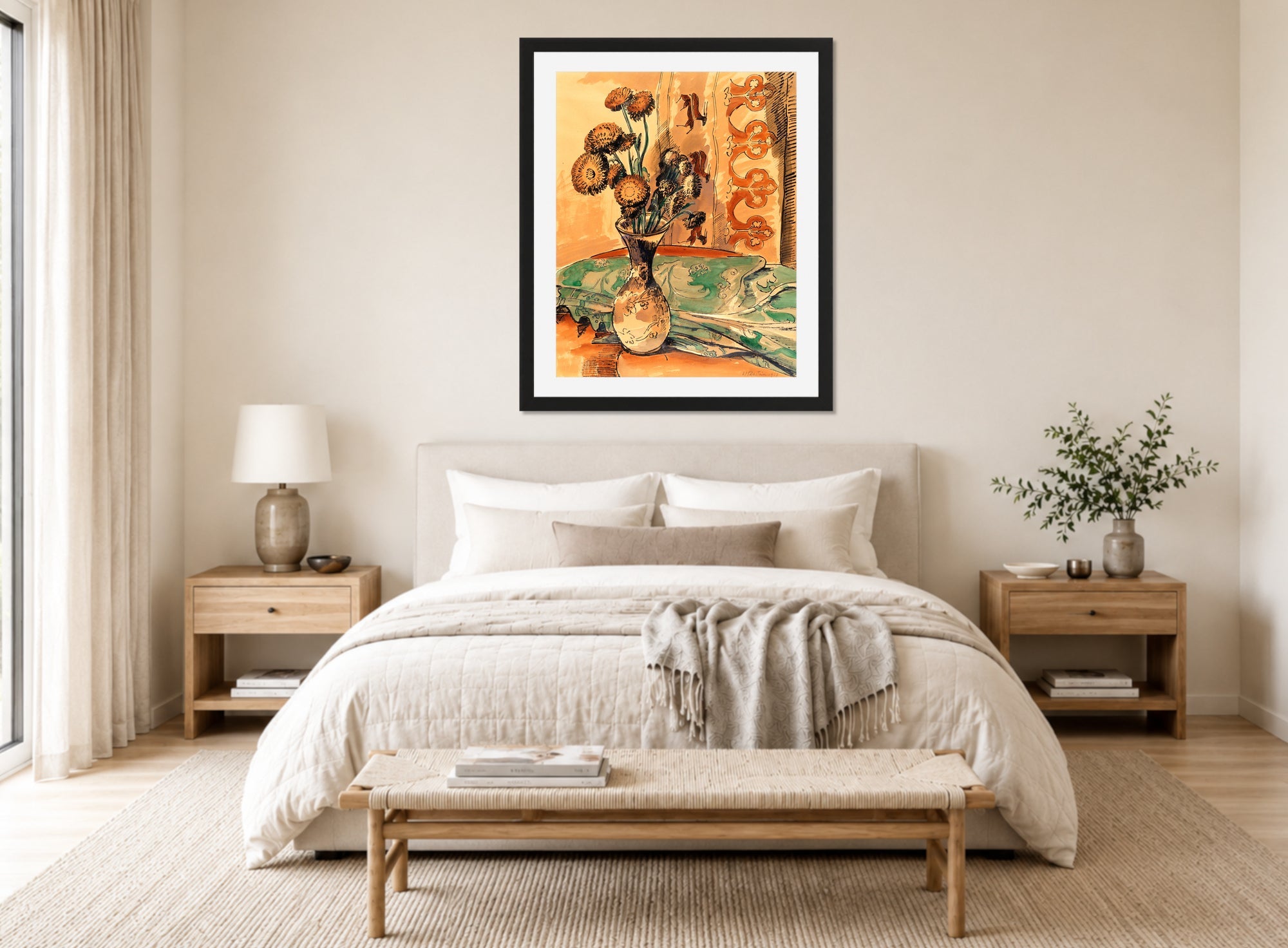 Hermann Max Pechstein Print, Flower Still Life with Green Blanket (1927) displayed above a bed