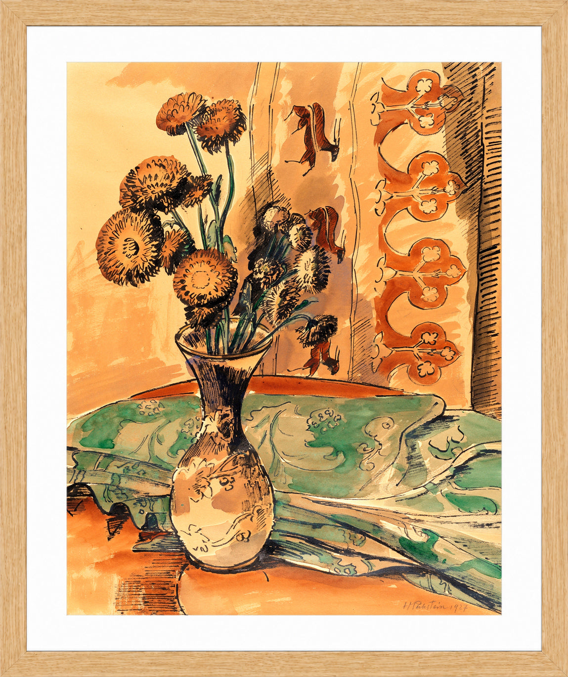 Hermann Max Pechstein Print, Flower Still Life with Green Blanket (1927) in a light oak frame