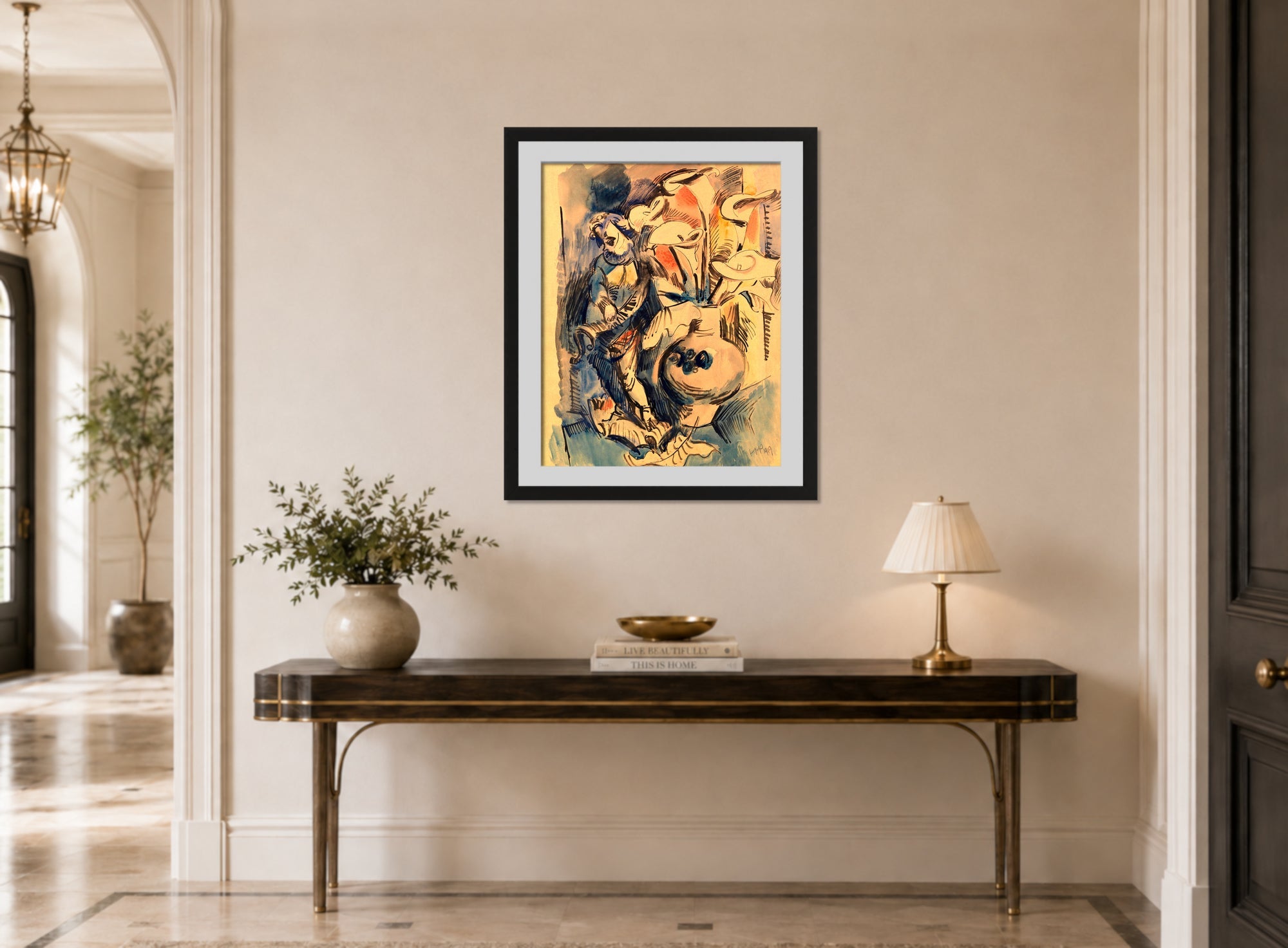 Hermann Max Pechstein Print, Flower Still Life with Puto and Calla (1919) displayed above a console table