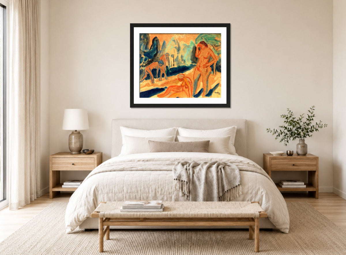 Hermann Max Pechstein Print, Four Bathers (1911) displayed above a bed