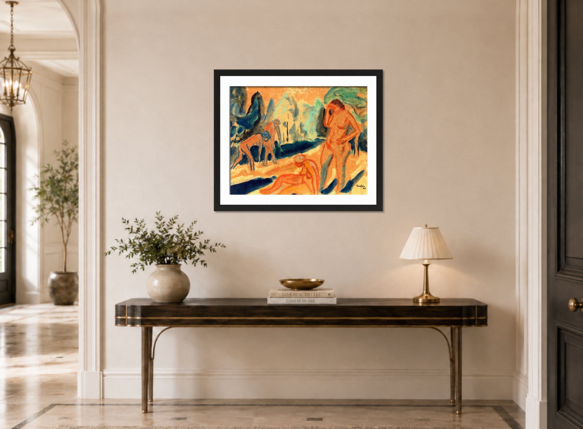Hermann Max Pechstein Print, Four Bathers (1911) displayed above a console table
