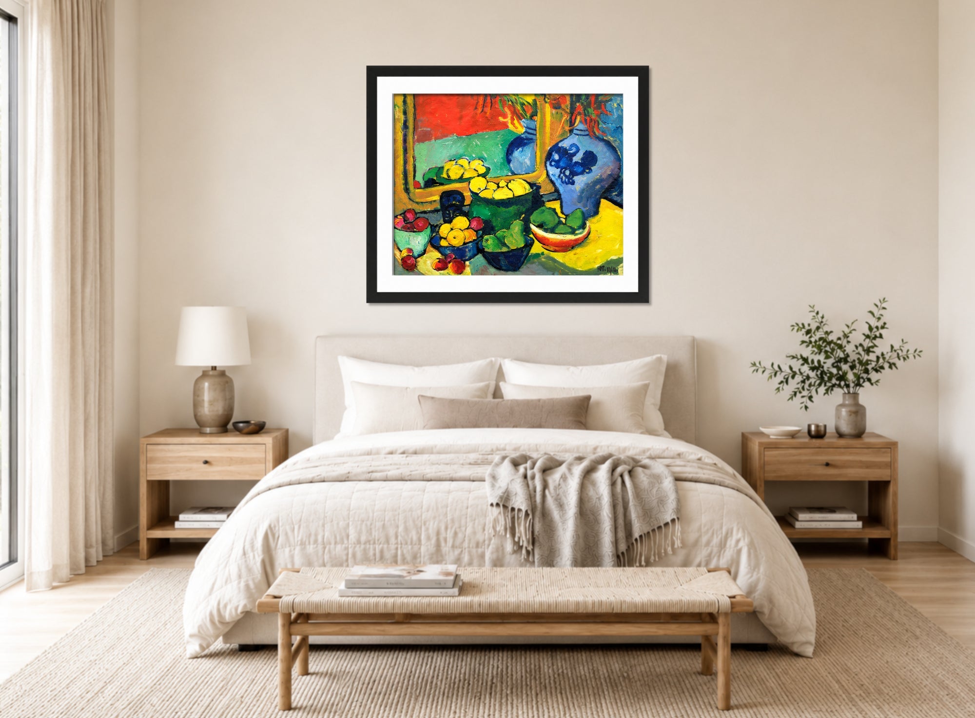 Hermann Max Pechstein Print, Früchte (1910) displayed above a bed