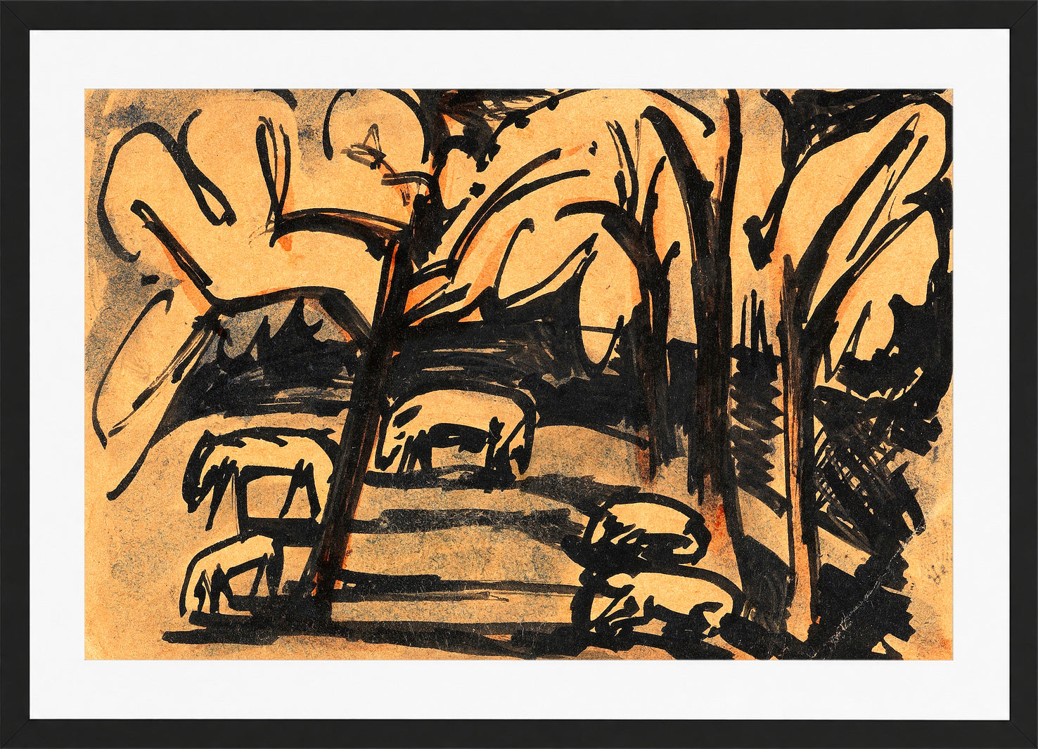Hermann Max Pechstein Print, Grazing animals under trees (1919) in a black frame