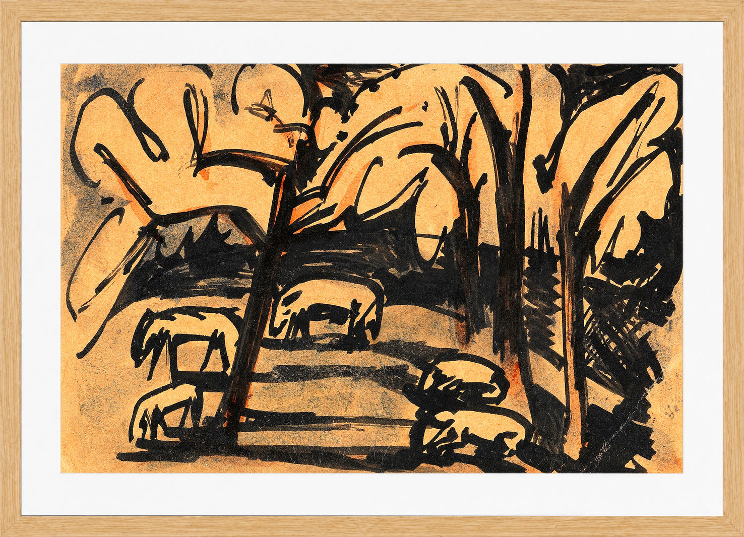 Hermann Max Pechstein Print, Grazing animals under trees (1919) in a light oak frame