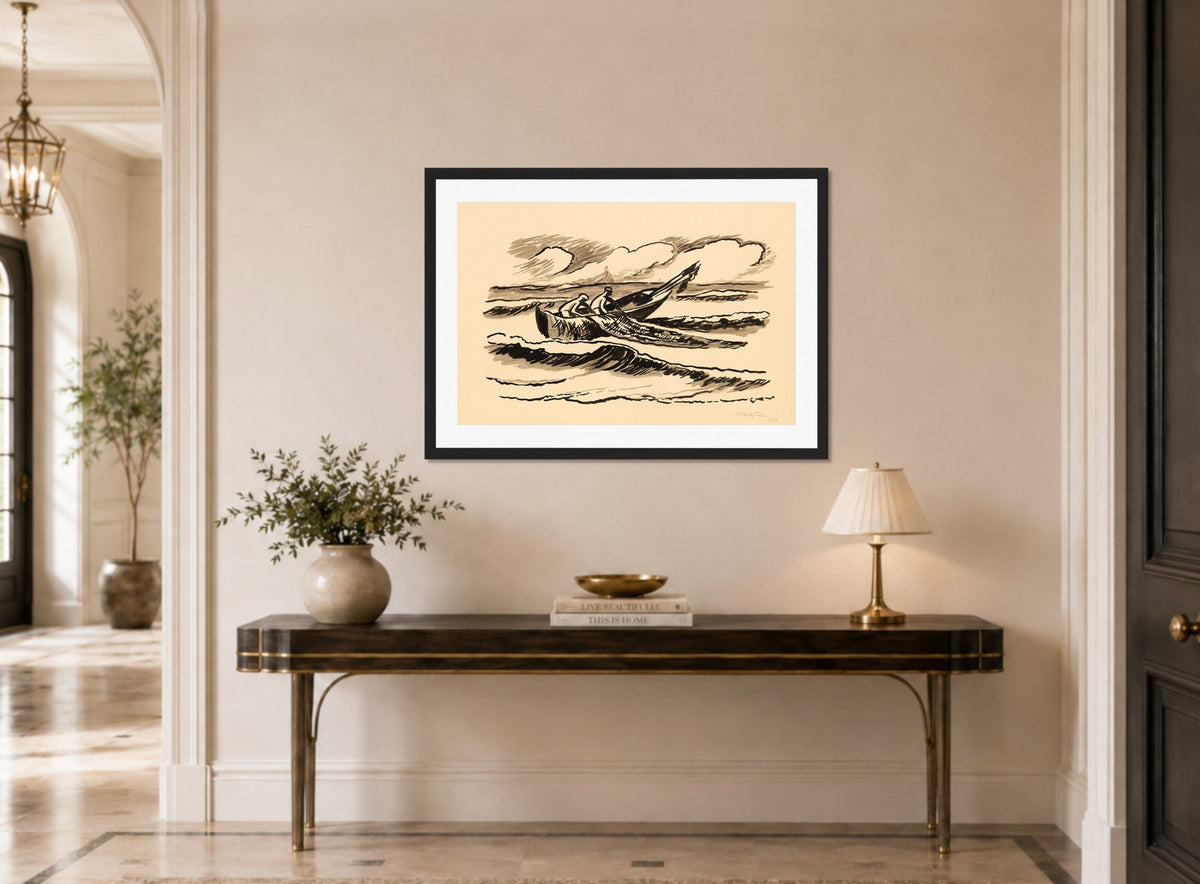 Hermann Max Pechstein Print, Hauling in the nets (1952) displayed above a console table