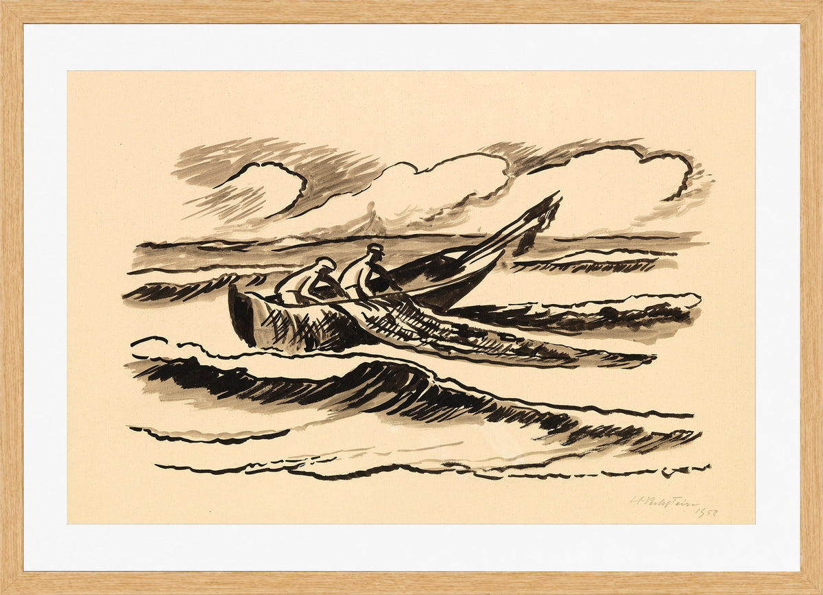 Hermann Max Pechstein Print, Hauling in the nets (1952) in a light oak frame