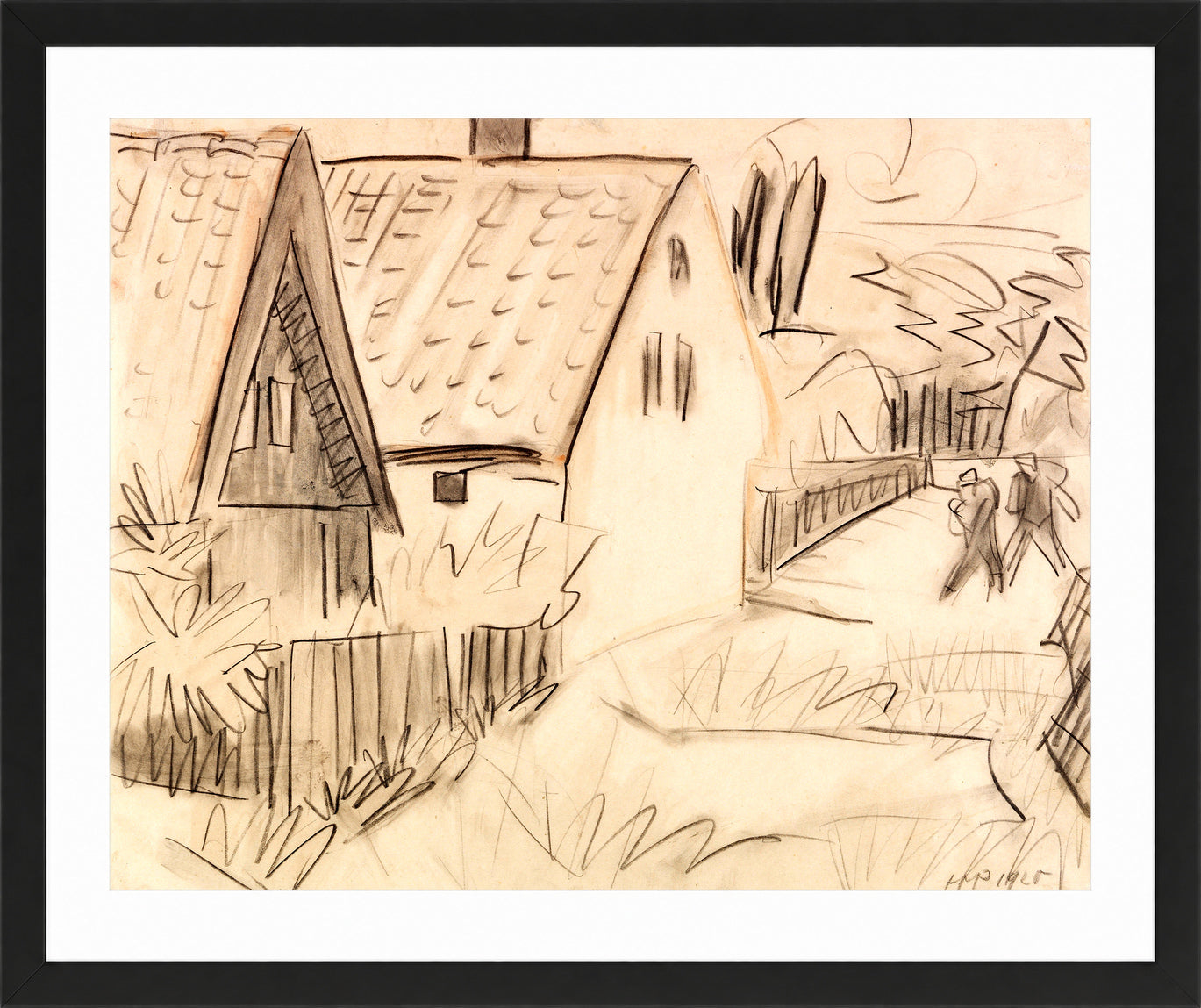 Hermann Max Pechstein Print, Houses and gardens in Nida (1920) in a black frame