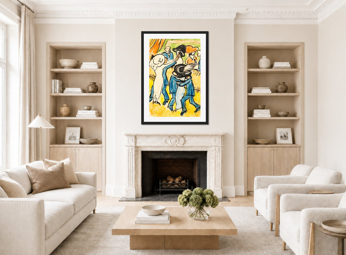 Hermann Max Pechstein Print, In the Dance Café (1910) displayed in a living room