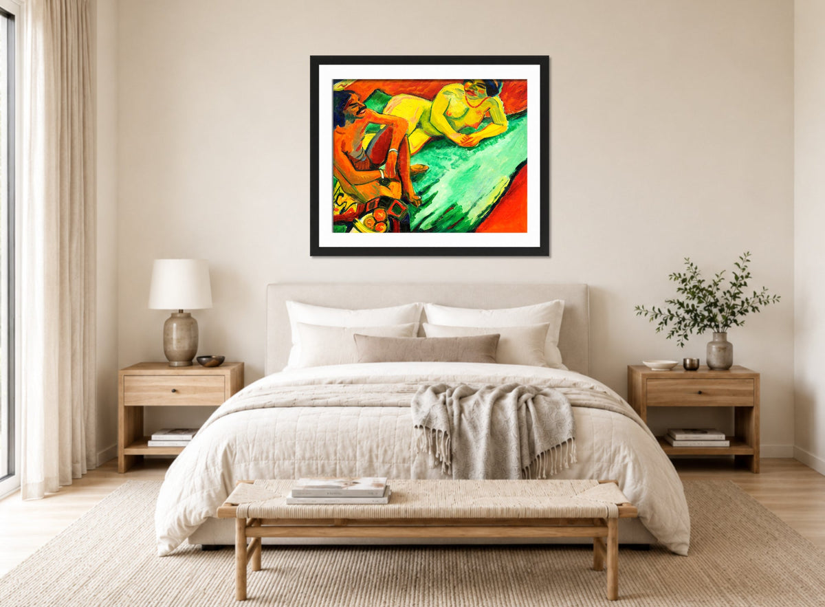 Hermann Max Pechstein Print, Inder und Frauenakt (1910) displayed above a bed