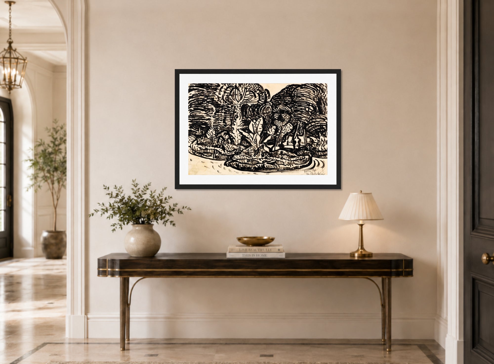 Hermann Max Pechstein Print, Italian Garden (1907) displayed above a console table