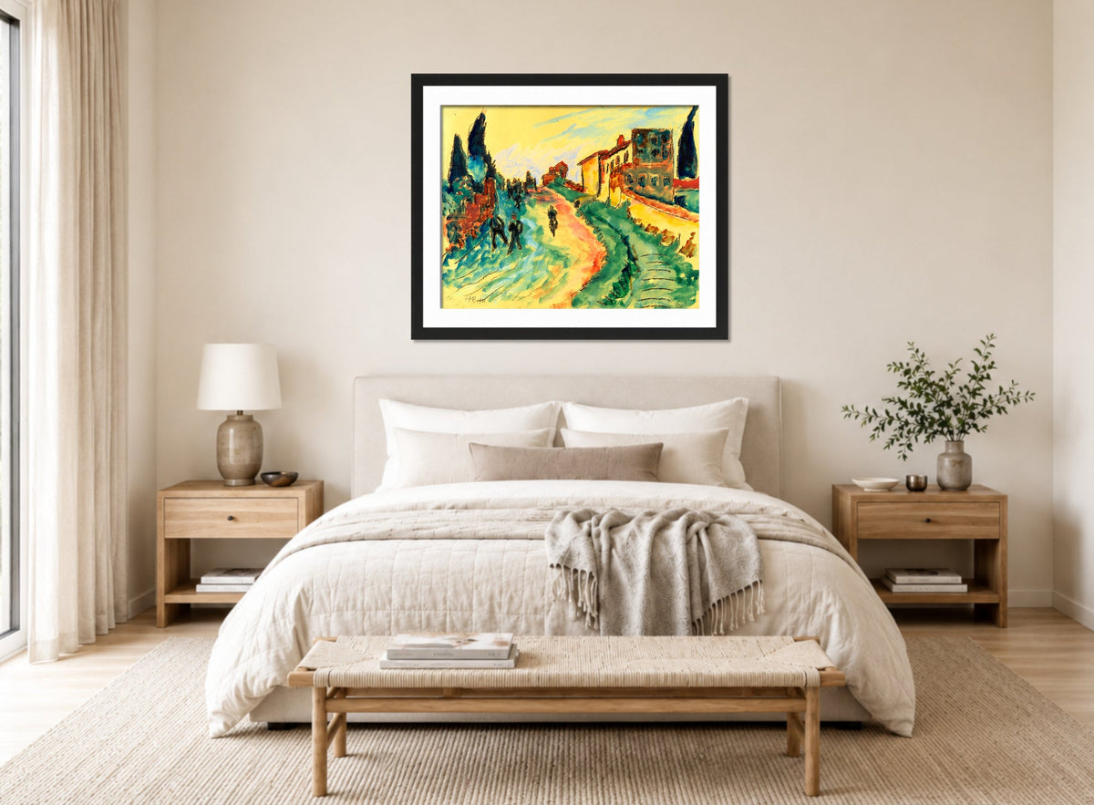 Hermann Max Pechstein Print, Italian Landscape (1911) displayed above a bed