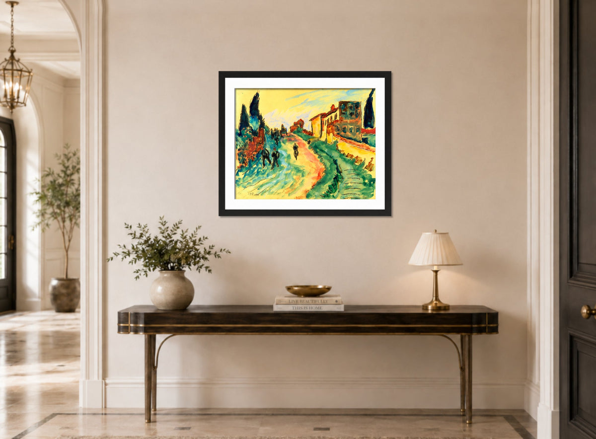 Hermann Max Pechstein Print, Italian Landscape (1911) displayed above a console table