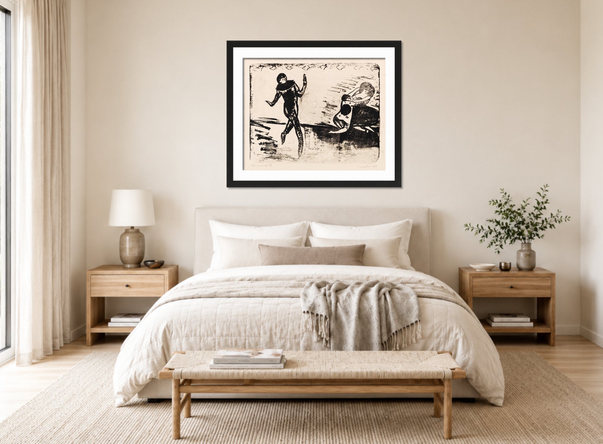 Hermann Max Pechstein Print, Karneval IX (1910) displayed above a bed
