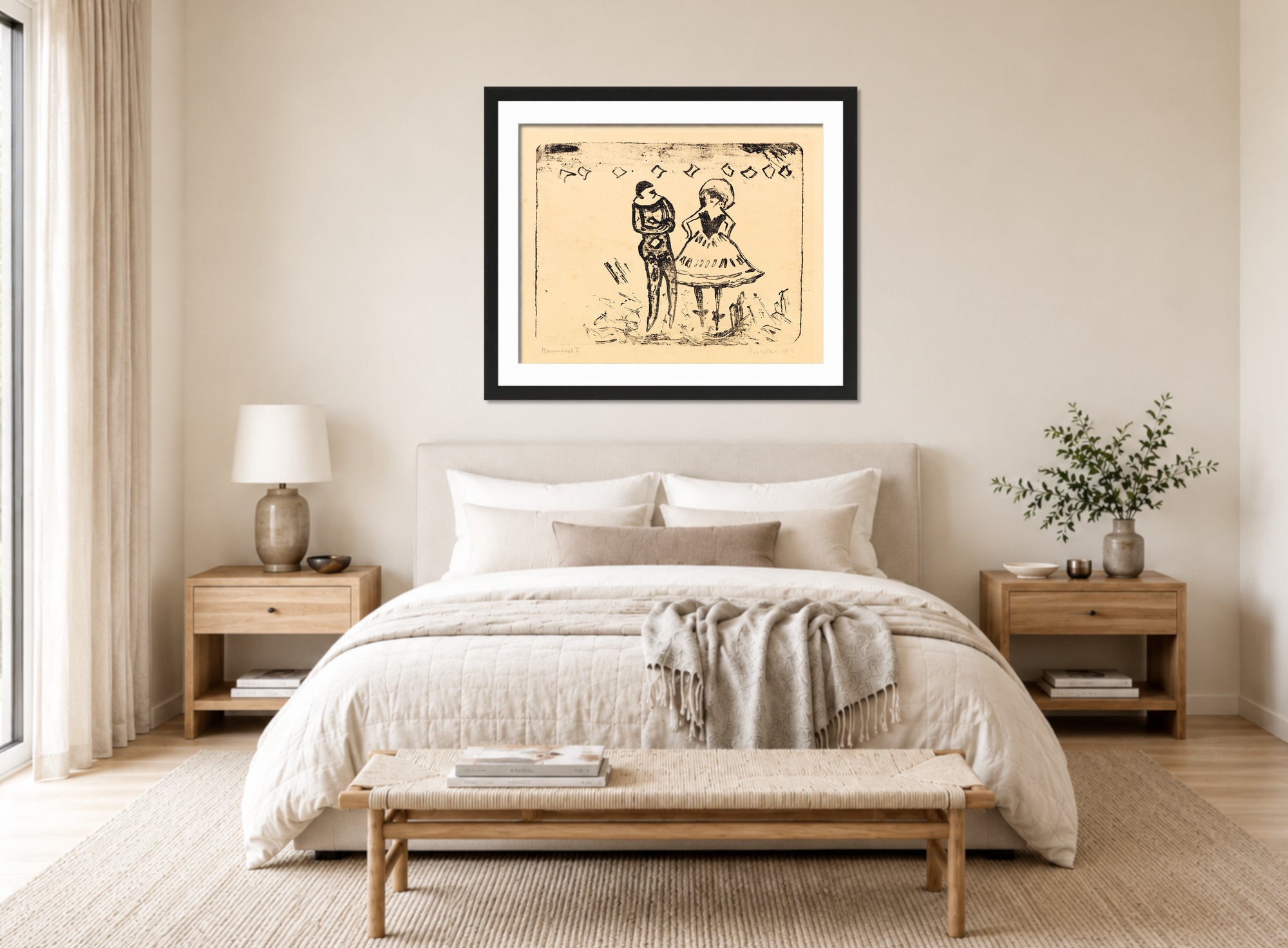 Hermann Max Pechstein Print, Karneval V (1910) displayed above a bed