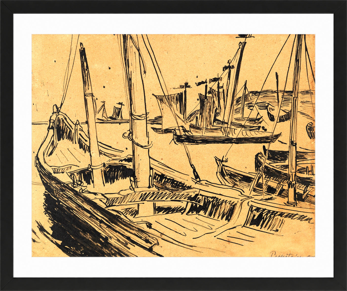 Hermann Max Pechstein Print, Keitelkähne (Kurenkähne im Hafen) (1909) in a black frame