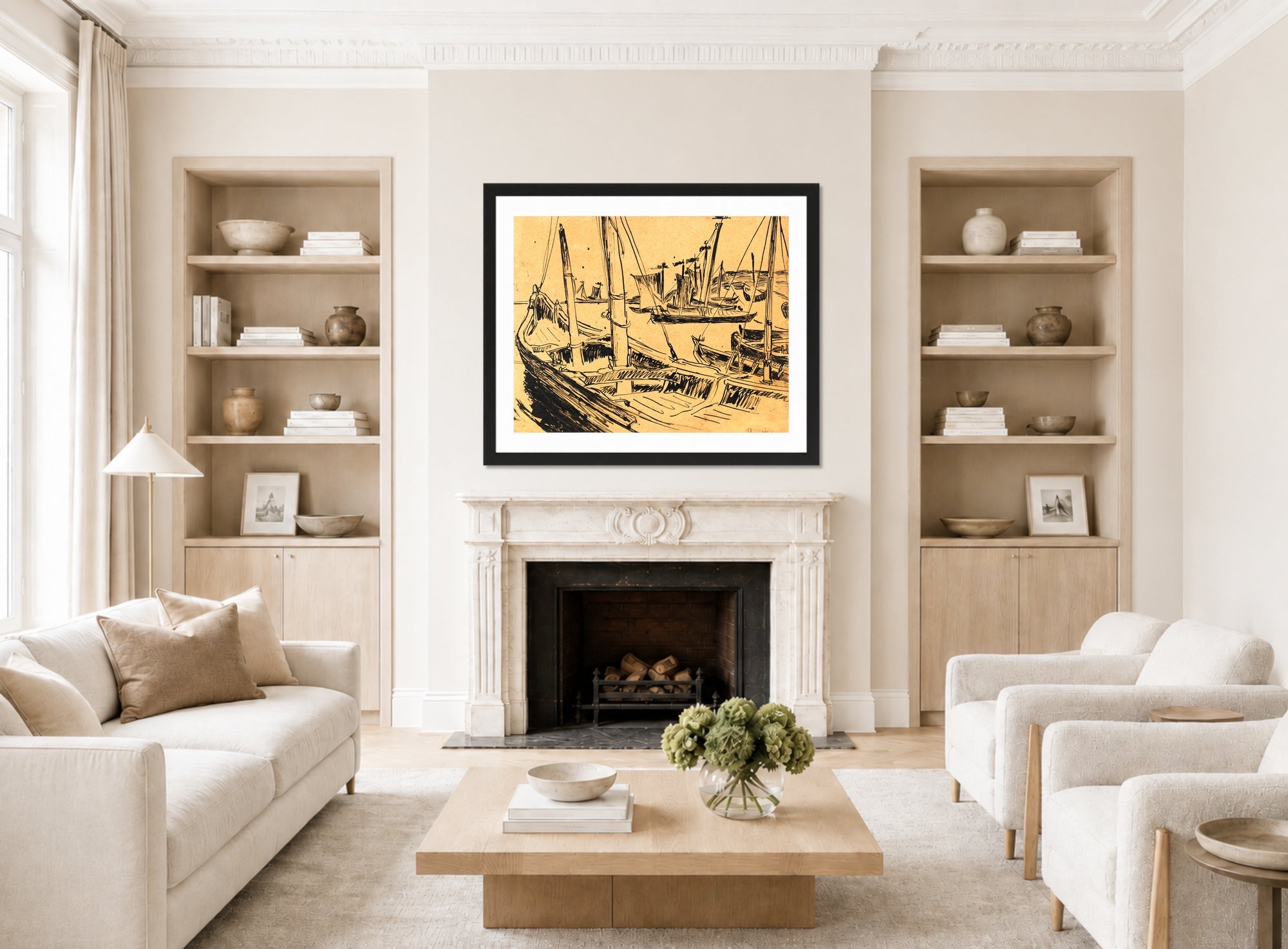 Hermann Max Pechstein Print, Keitelkähne (Kurenkähne im Hafen) (1909) displayed in a living room