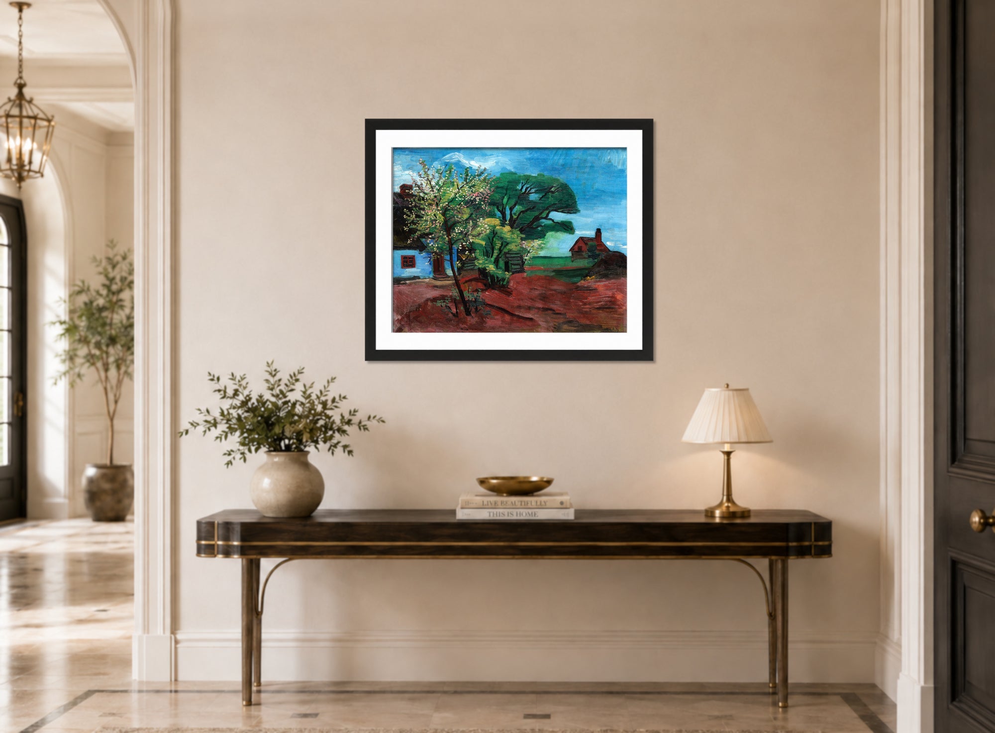 Hermann Max Pechstein Print, Kirschblüte (Cherry Blossom) (1928) displayed above a console table