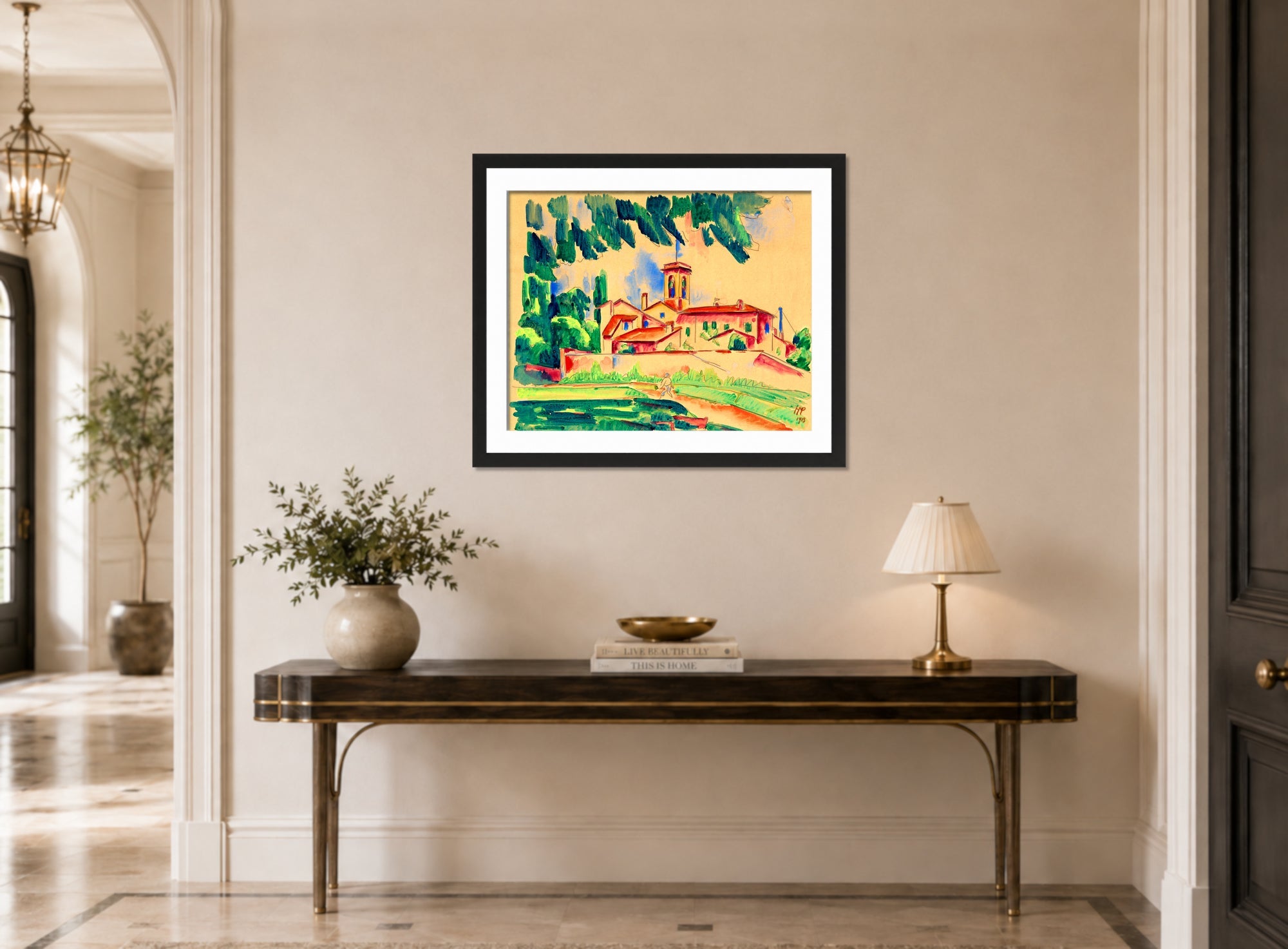 Hermann Max Pechstein Print, Kloster von San Gimignano (1913) displayed above a console table