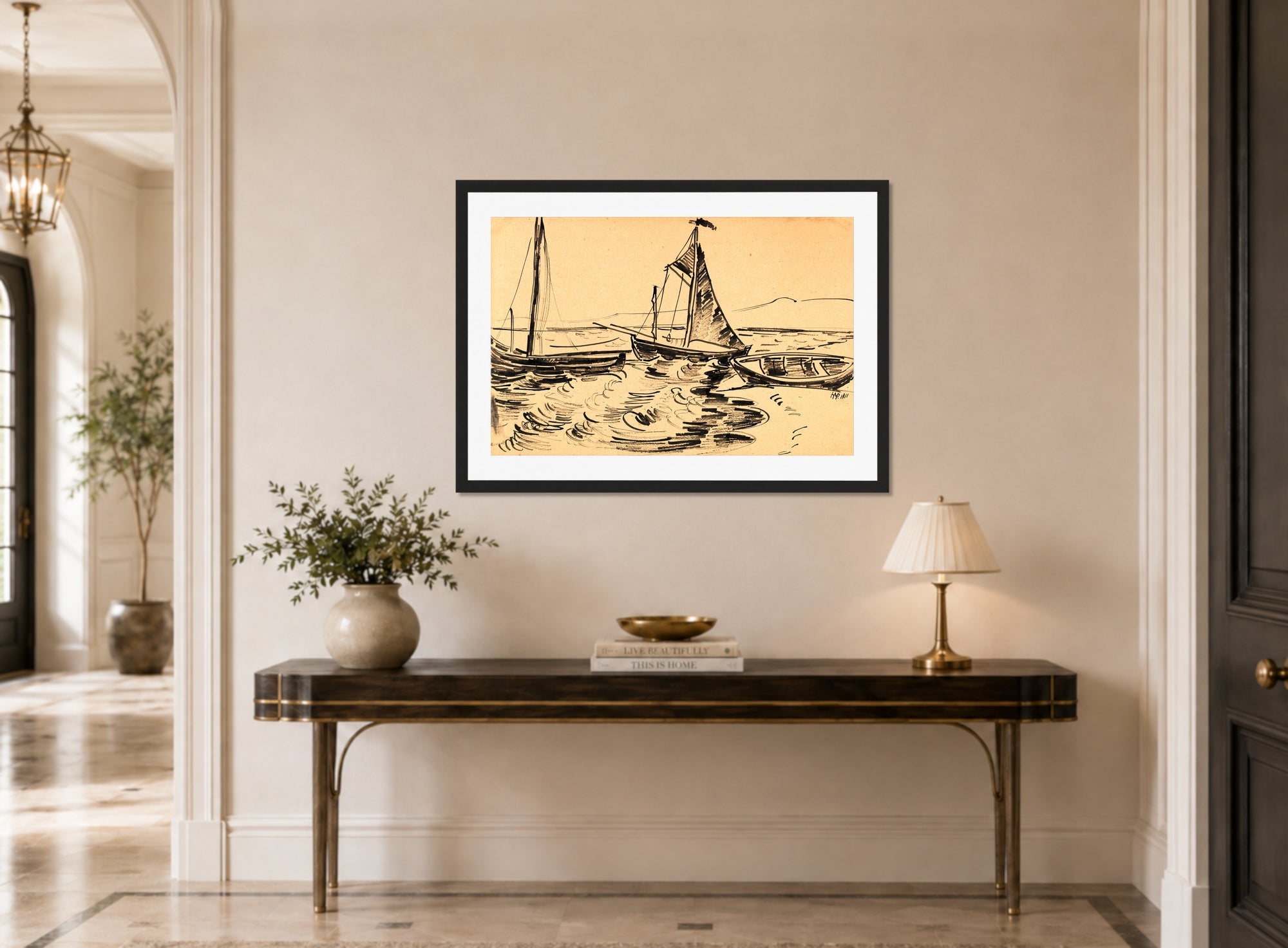 Hermann Max Pechstein Print, Kurenkähne und Beiboot (1911) displayed above a console table