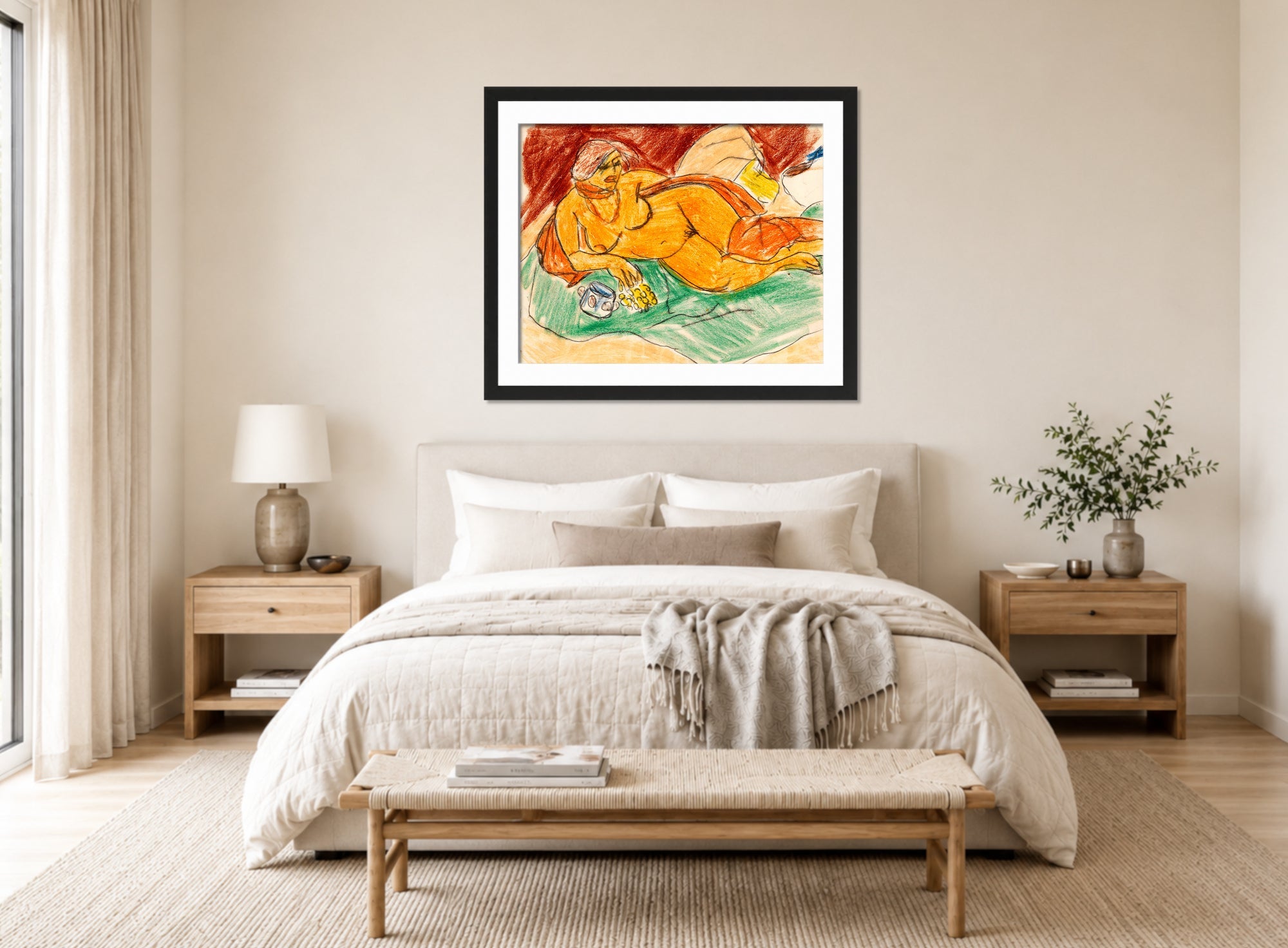 Hermann Max Pechstein Print, Liegender weiblicher Akt (1918) displayed above a bed