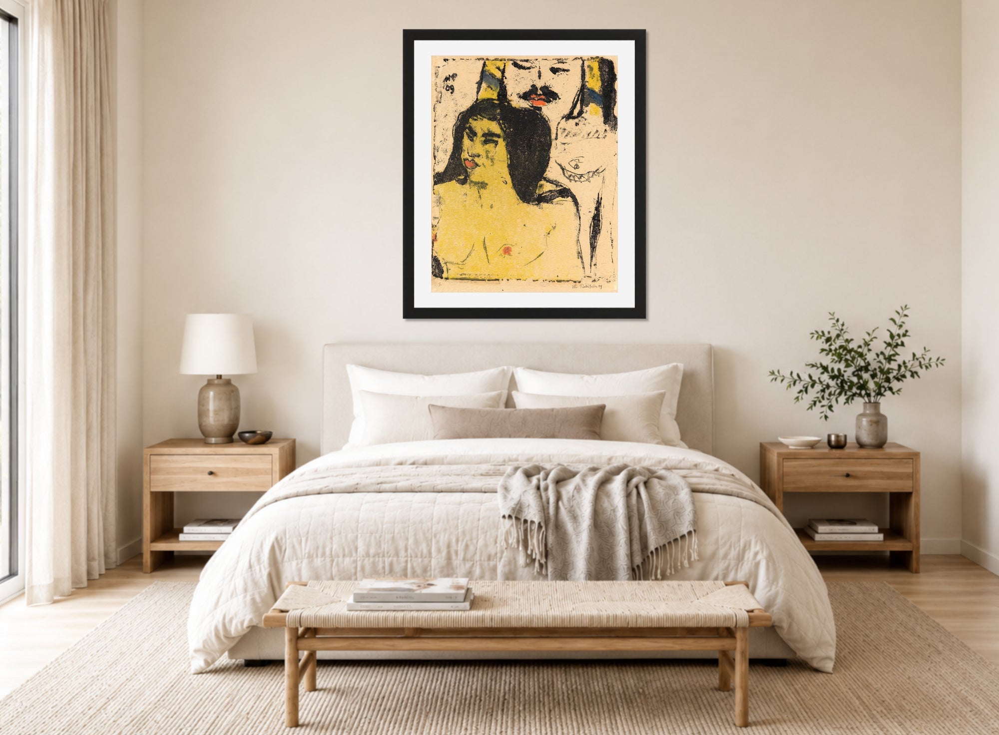Hermann Max Pechstein Print, Man and Woman (1909) displayed above a bed