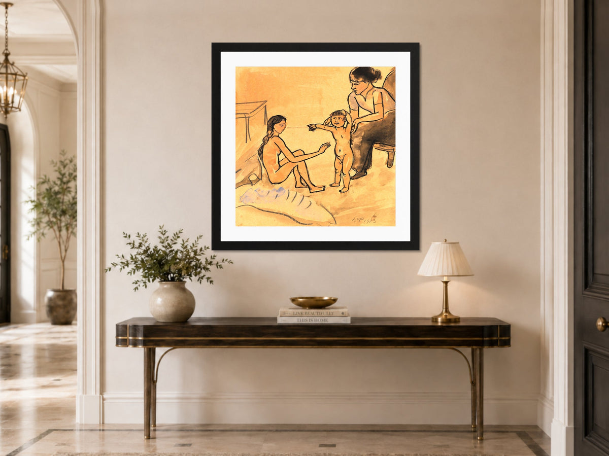 Hermann Max Pechstein Print, Mother and Her Two Children (1913) displayed above a console table