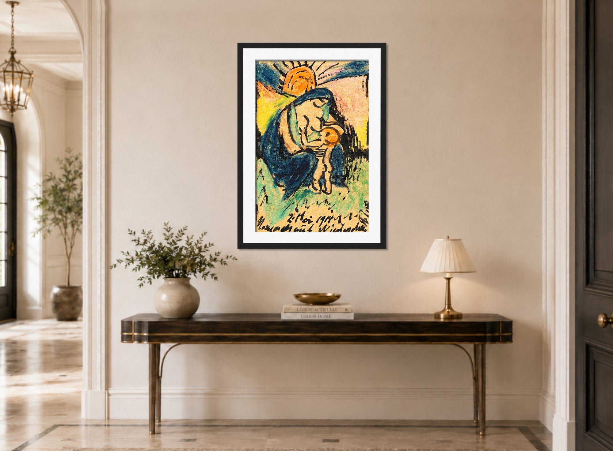 Hermann Max Pechstein Print, Mother with child (1914) displayed above a console table