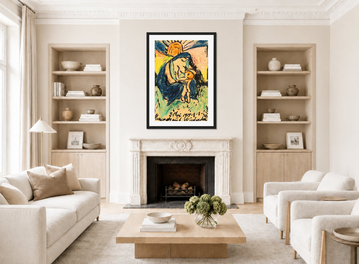Hermann Max Pechstein Print, Mother with child (1914) displayed in a living room