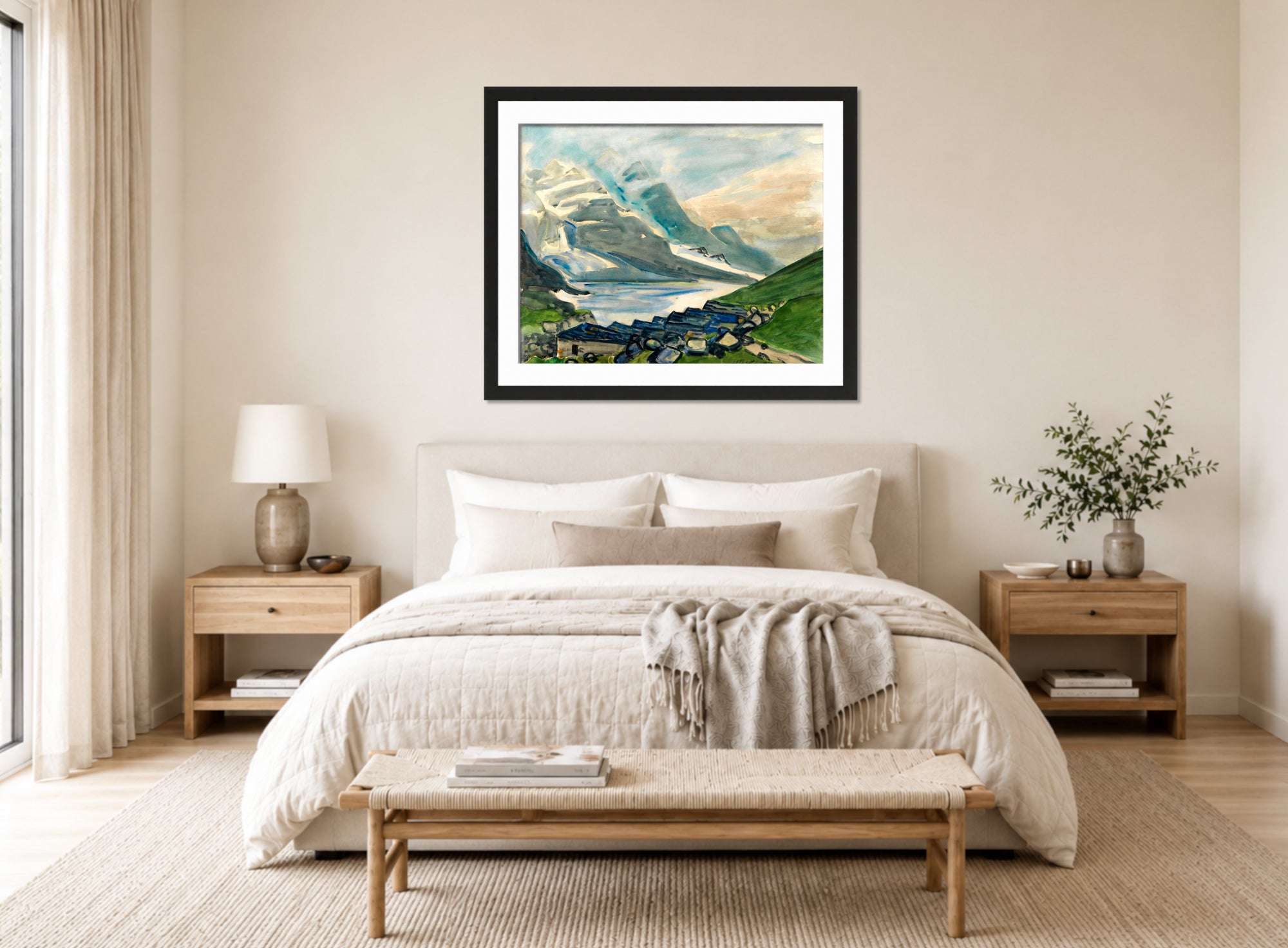 Hermann Max Pechstein Print, Mountain Lake (1923) displayed above a bed