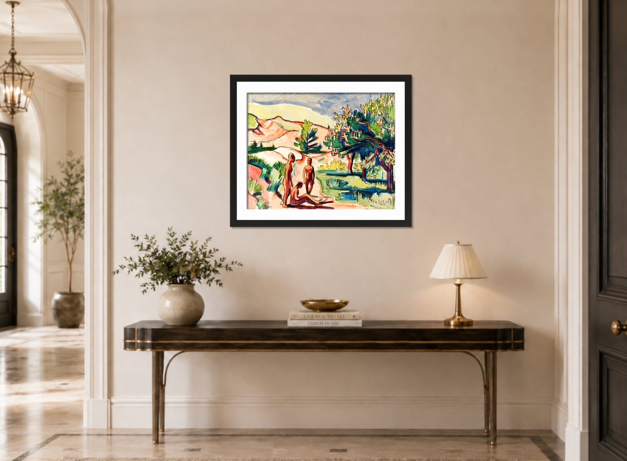 Hermann Max Pechstein Print, Nudes in the Dunes (1926) displayed above a console table