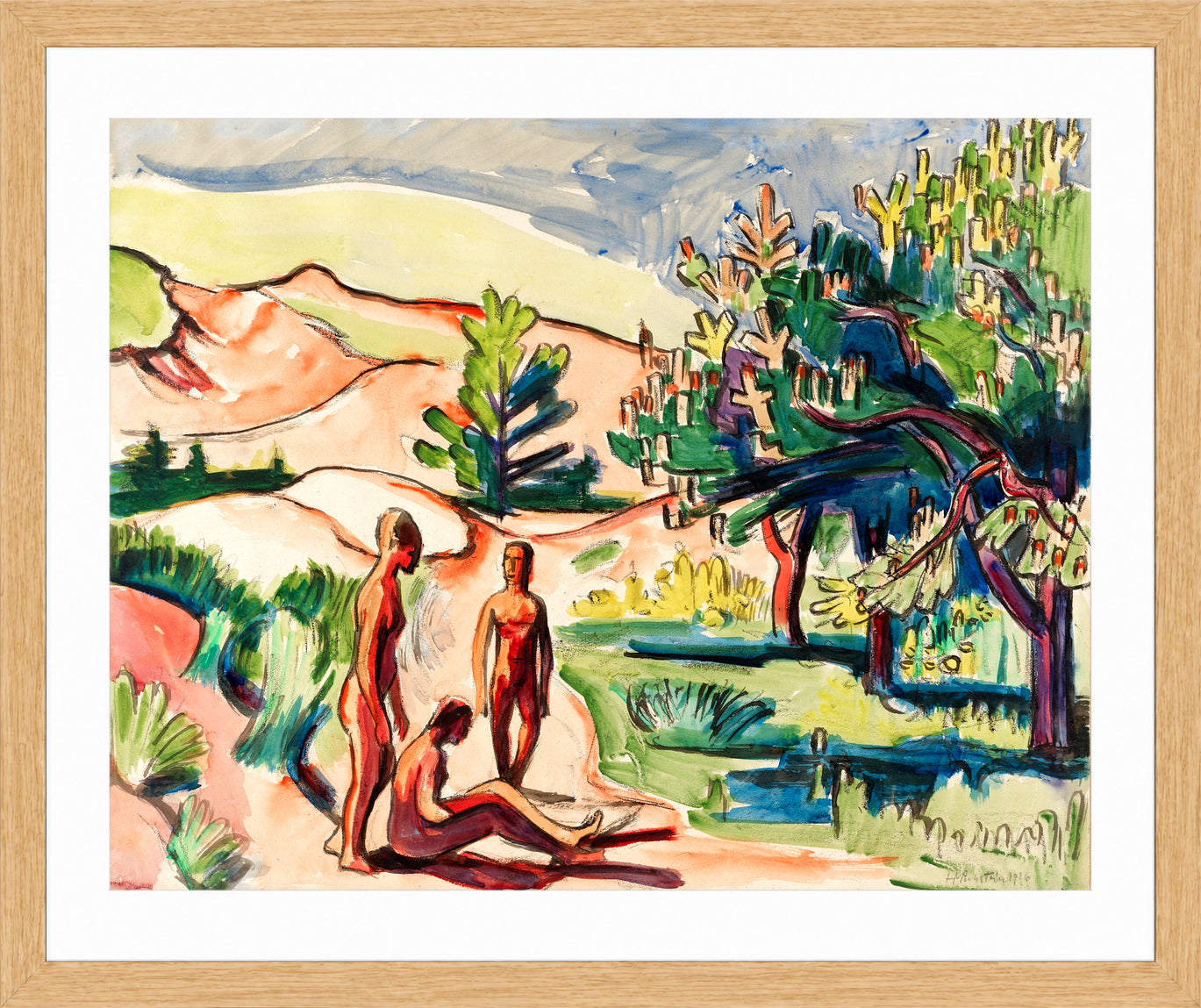 Hermann Max Pechstein Print, Nudes in the Dunes (1926) in a light oak frame