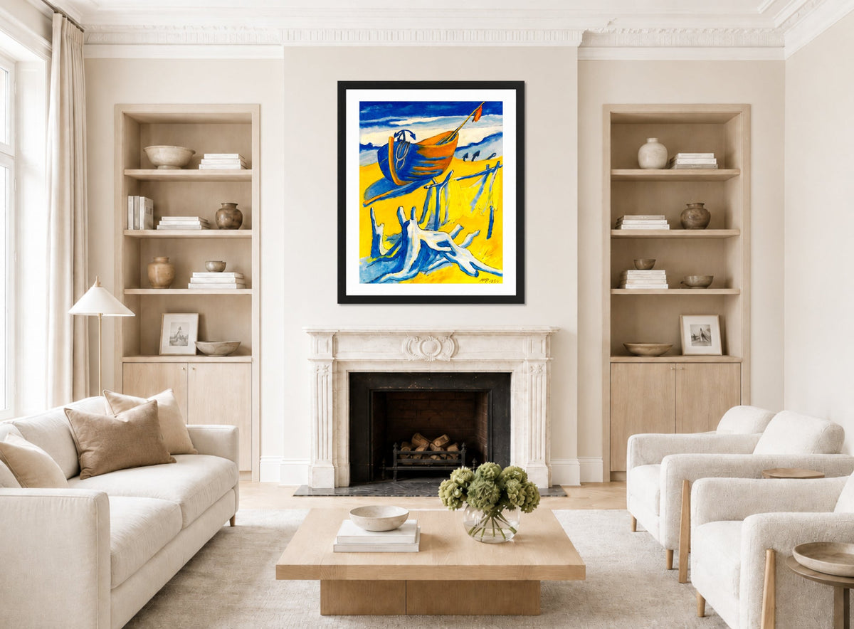 Hermann Max Pechstein Print, On the Baltic Sea beach (1954) displayed in a living room