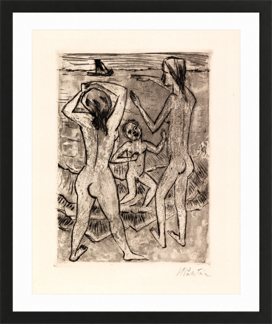 Hermann Max Pechstein Print, On the Beach (1922) in a black frame