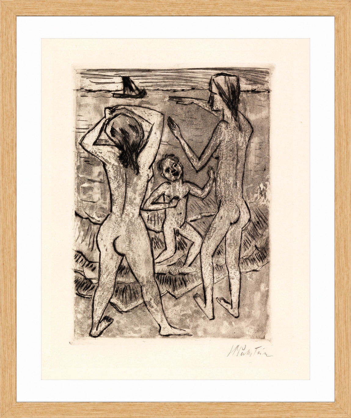 Hermann Max Pechstein Print, On the Beach (1922) in a light oak frame