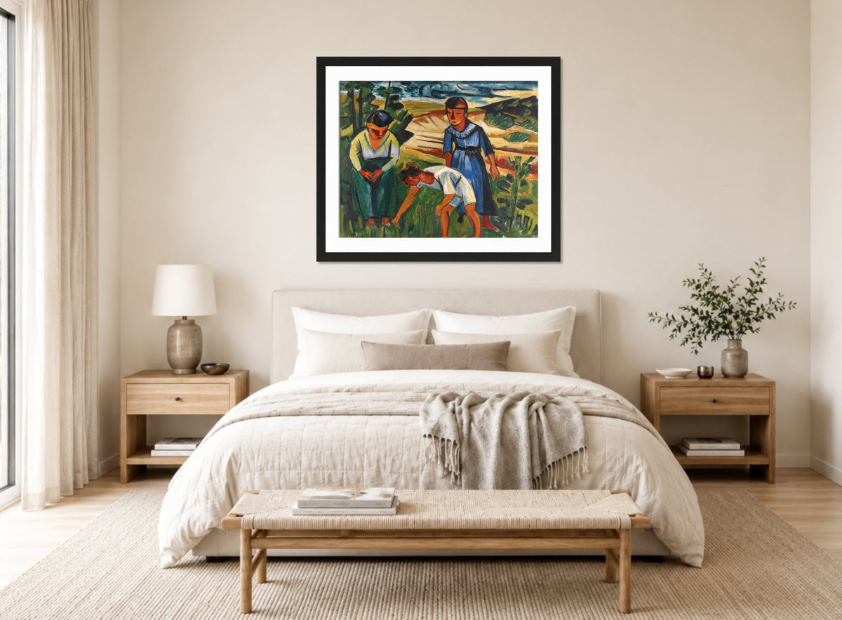 Hermann Max Pechstein Print, Outdoors (1920) displayed above a bed