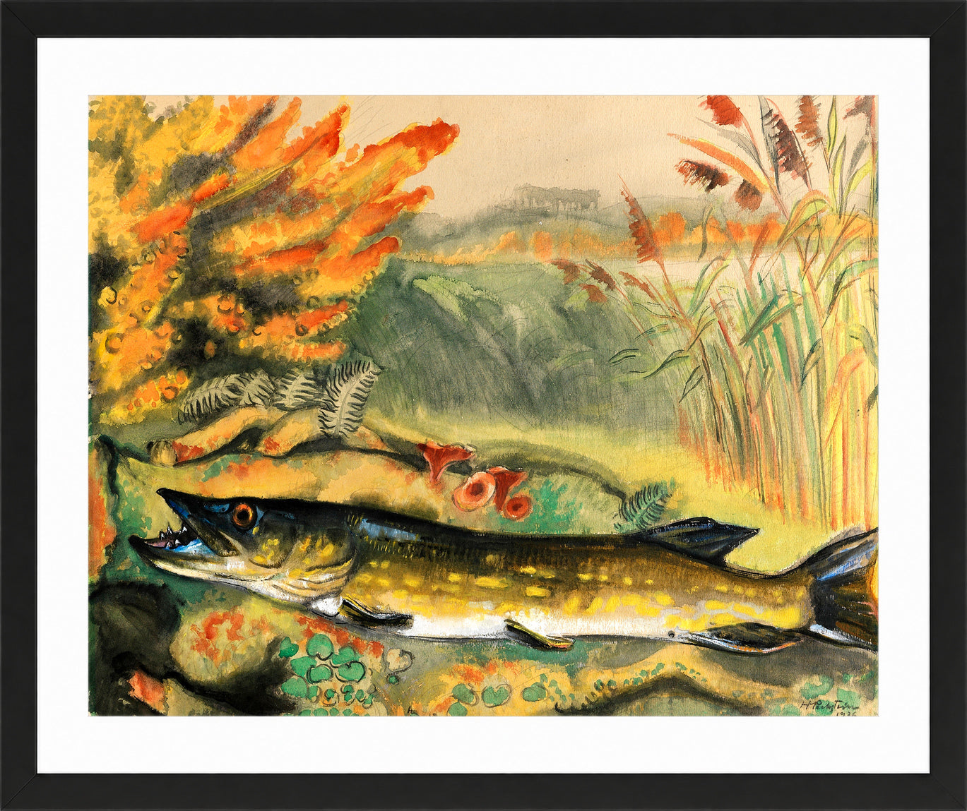 Hermann Max Pechstein Print, Pike in lakeside landscape (1936) in a black frame