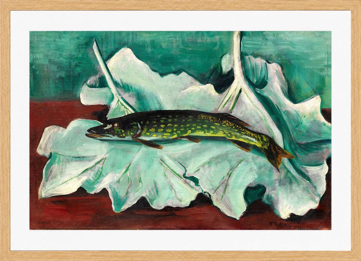 Hermann Max Pechstein Print, Pike on Leaves (1923) in a light oak frame