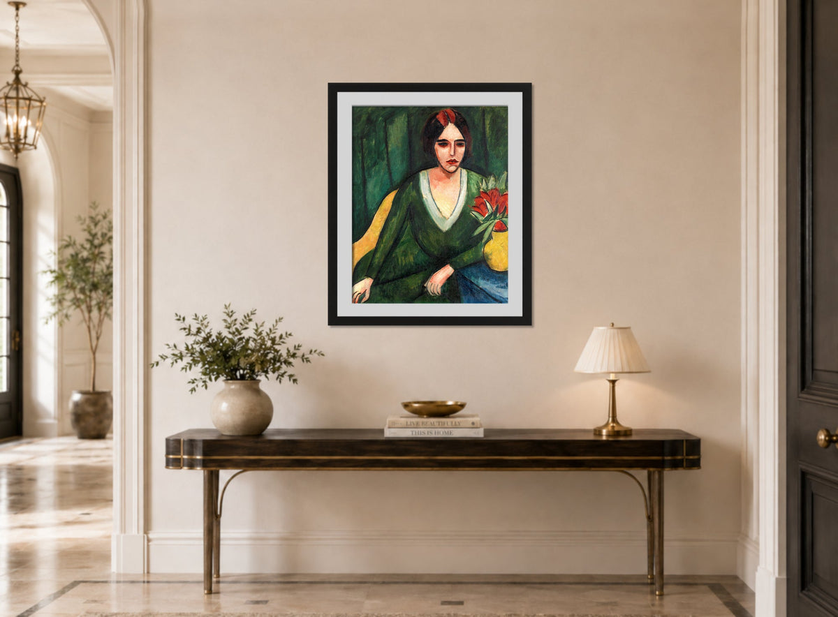 Hermann Max Pechstein Print, Portrait of a Woman (1913) displayed above a console table