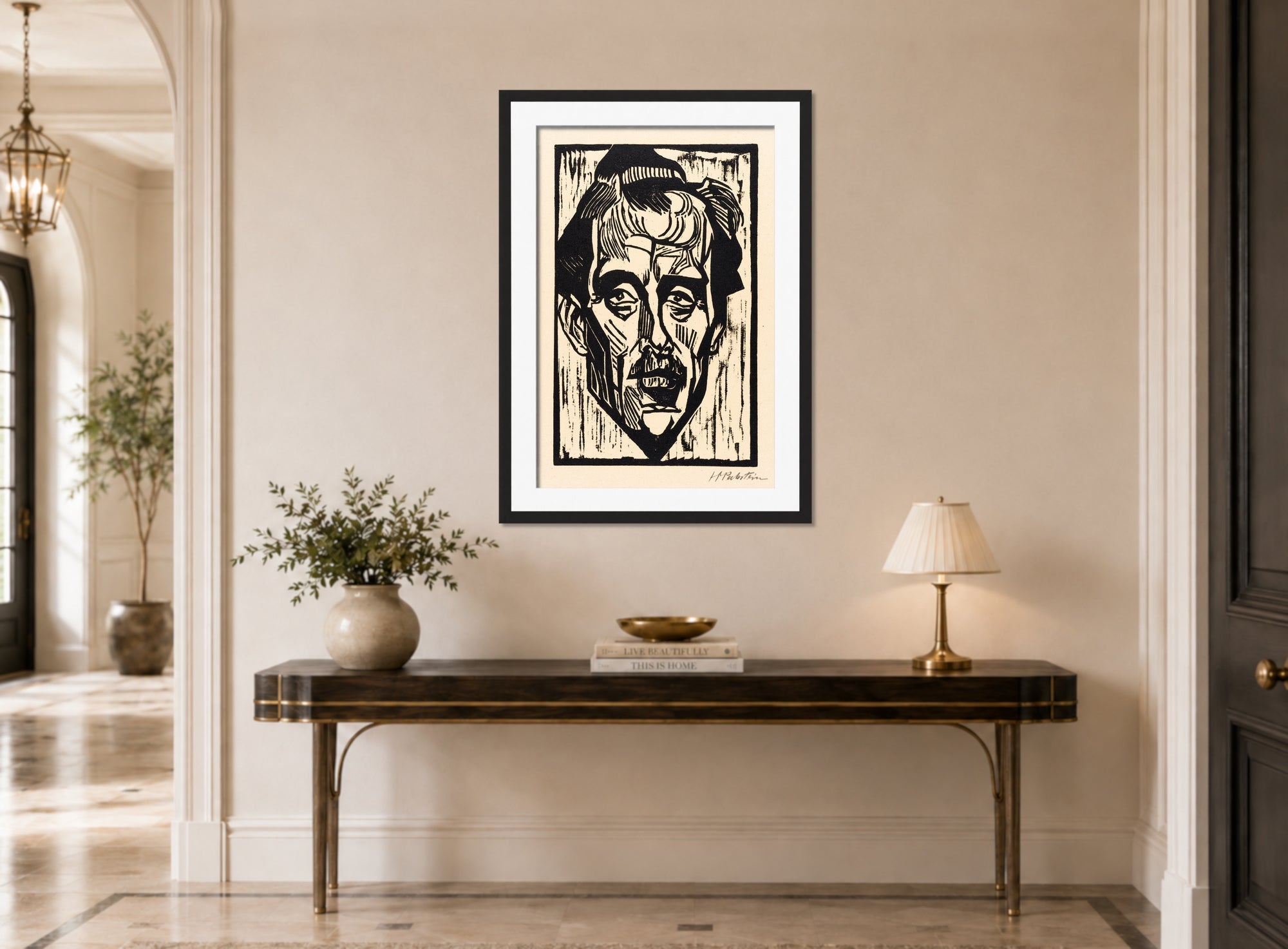 Hermann Max Pechstein Print, Portrait of Dr. Freundlich (1918) displayed above a console table