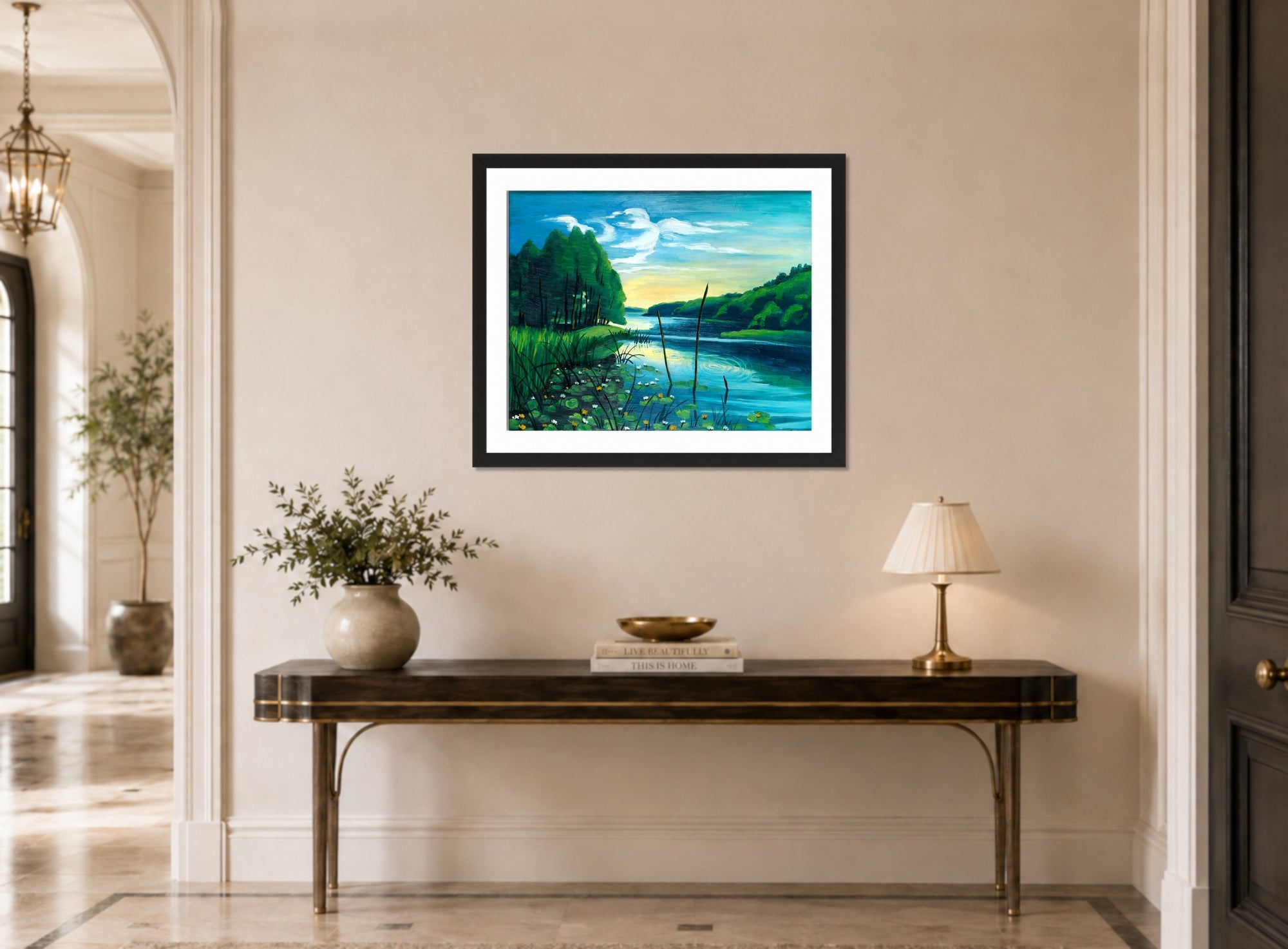Hermann Max Pechstein Print, Quiet spot by the lake (Pomerania, Lake Koser) (1940) displayed above a console table