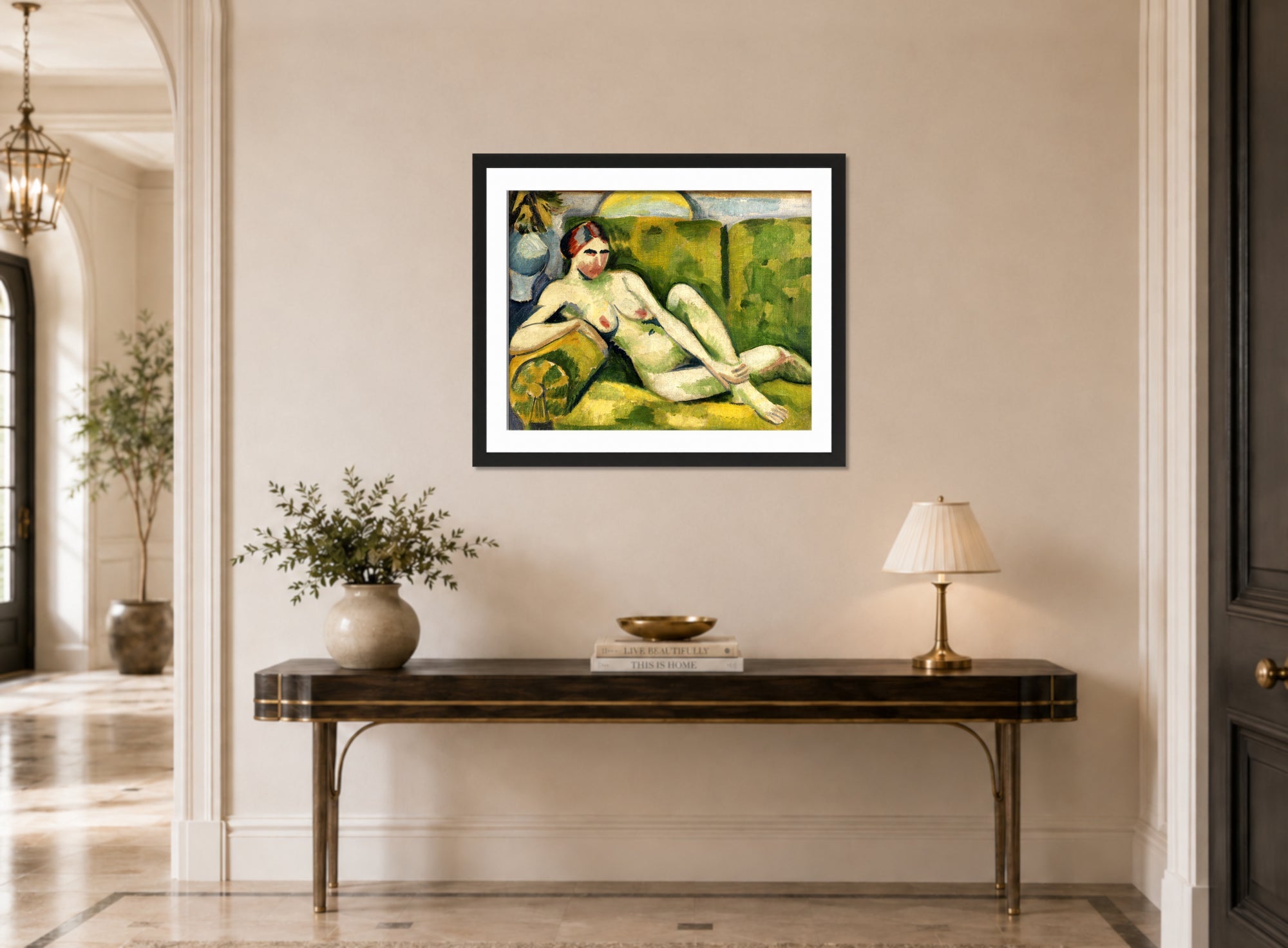 Hermann Max Pechstein Print, Reclining Nude (1913) displayed above a console table