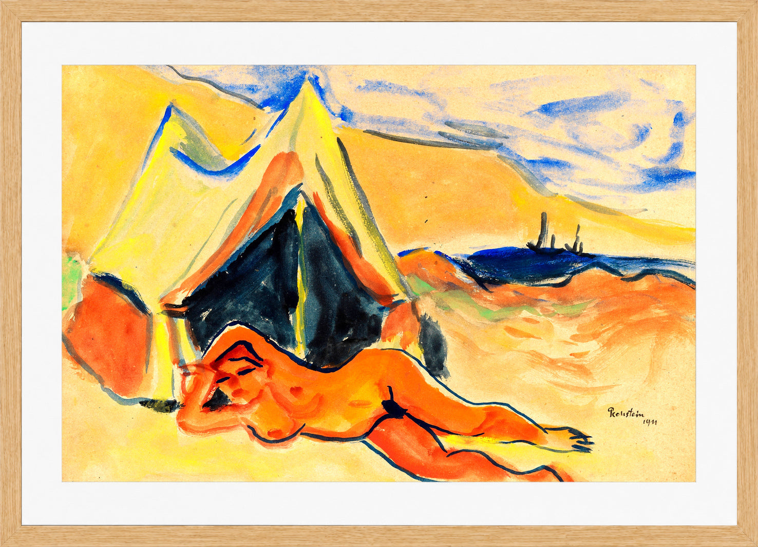 Hermann Max Pechstein Print, Reclining Nude on the Beach (1911) in a light oak frame
