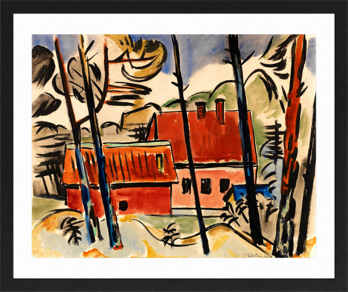 Hermann Max Pechstein Print, Red Houses, 1919 in a black frame