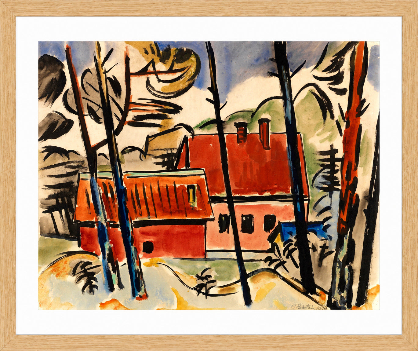 Hermann Max Pechstein Print, Red Houses, 1919 in a light oak frame
