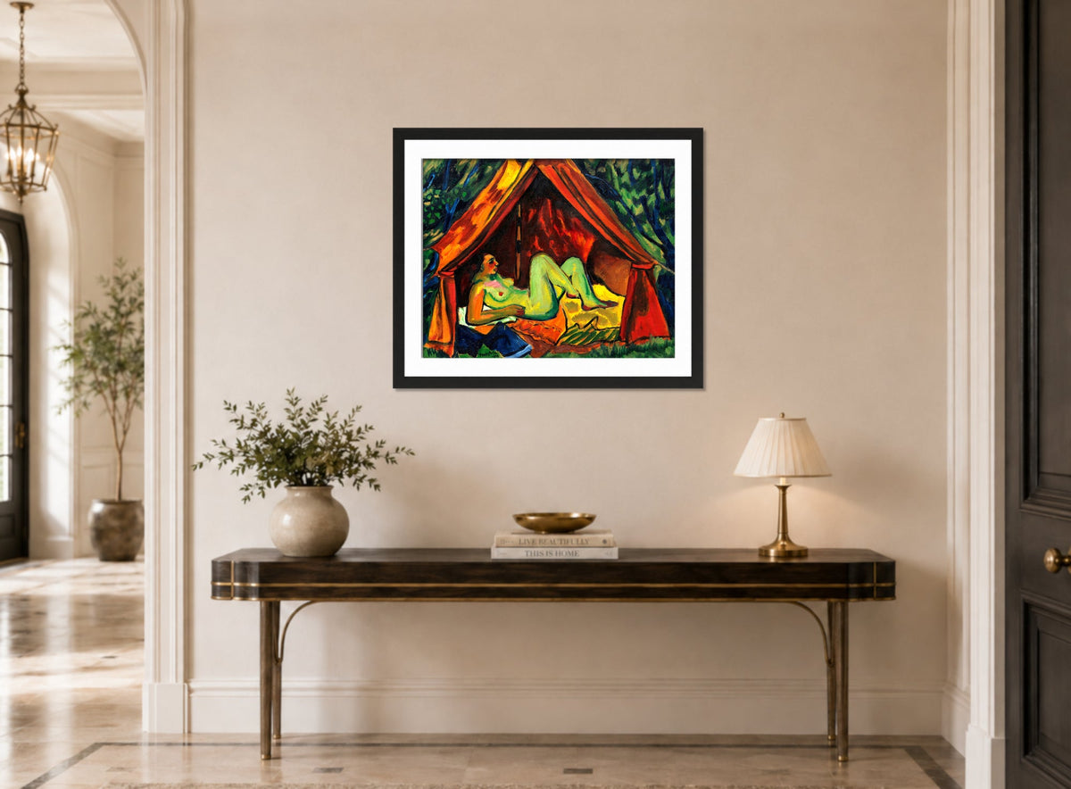 Hermann Max Pechstein Print, Red Tent with Female Nude – Danae (1911) displayed above a console table