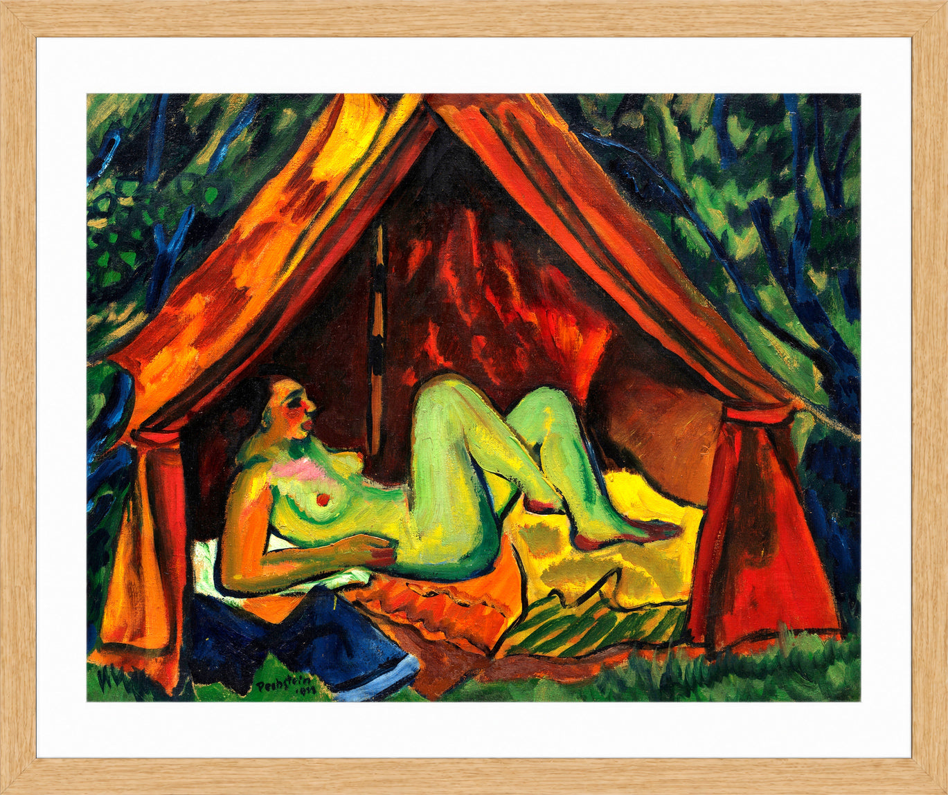 Hermann Max Pechstein Print, Red Tent with Female Nude – Danae (1911) in a light oak frame
